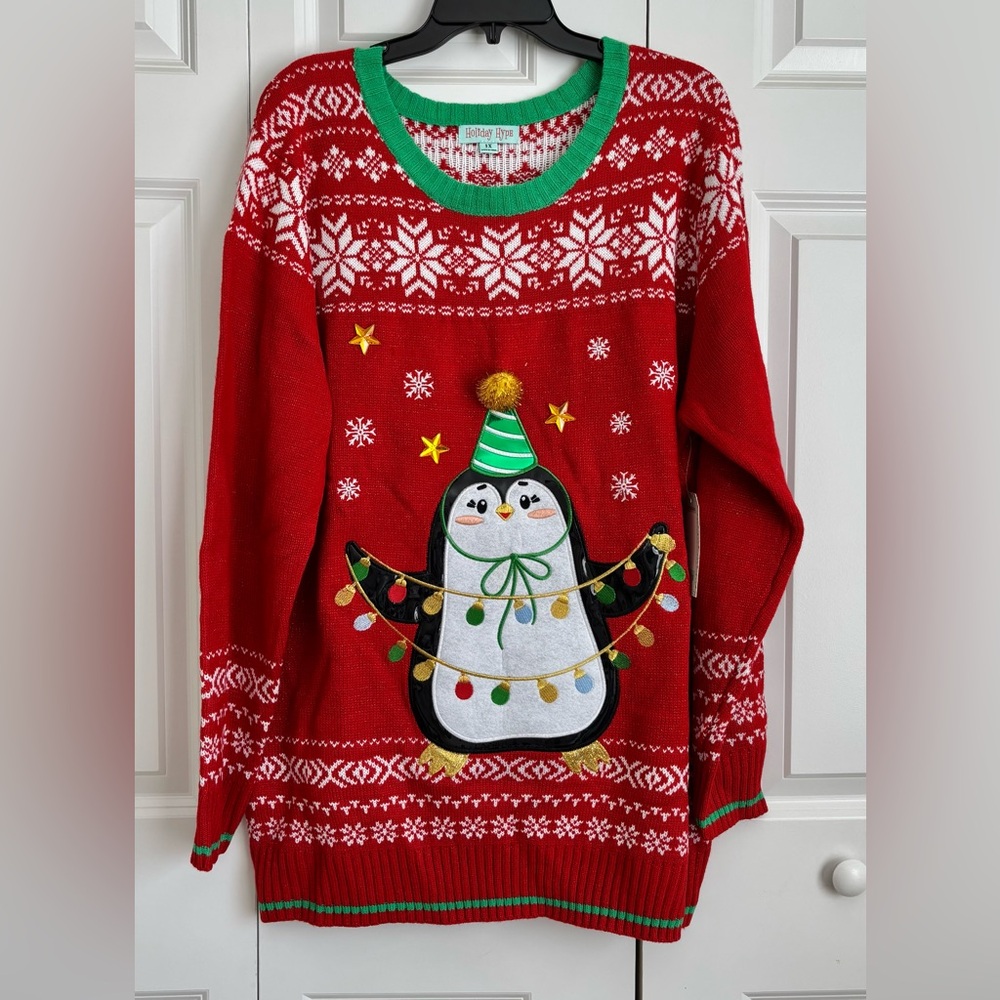 Festive Red Penguin Christmas Sweater